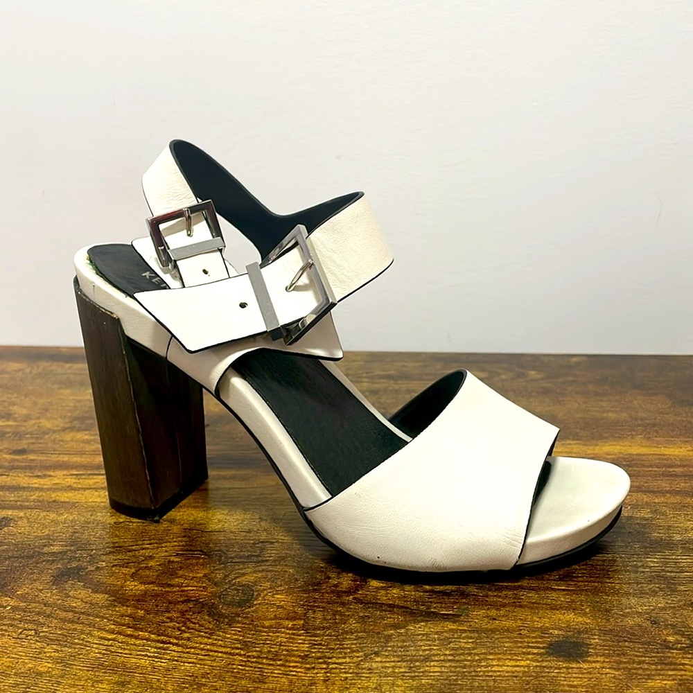 Kenneth Cole New York Sandal Heel Buckle White Brown Heel Size 8